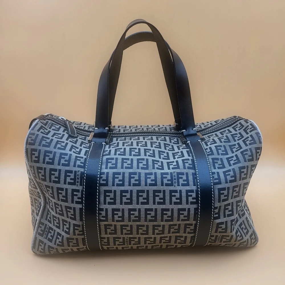 FENDI Zucchino FF Canvas Leather Boston 30 HandBag Navy..Authentic...W/COA.